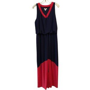 Cato Womens Size 14 Blue Pink Sleeveless Pullover Front Slit V Neck Maxi Dress